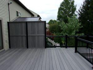 Timbertech PVC Castle Gate deck with matching privacy fence, black vinyl railings &#8211; Lancaster PA