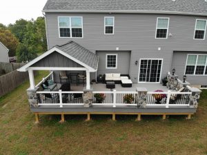 Timbertech PVC Castle Gate deck, A-frame roof with stone columns, &#8211; Perkasie PA