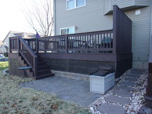 Timbertech PVC Kona deck with matching custom railings and privacy fence, brown poly lattice &#8211; Collegeville PA