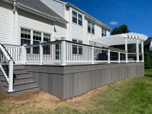 Timbertech PVC Castle Gate deck, skirting, bar top, &#038; drink rail, white vinyl pergola &#038; railings &#8211; Warrington PA