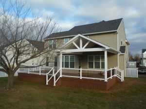 Timbertech PVC Mahogany deck and skirting, A-frame roof with open gable &#8211; Downingtown PA