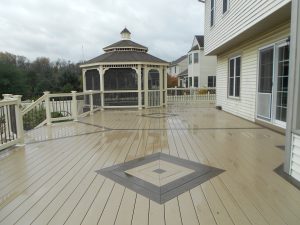 Tan Vinyl Gazebo with screens, double roof, and cupola, Timbertech PVC Brownstone deck &#8211; Willow Street PA