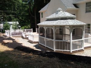 White Vinyl Gazebo with double roof and cupola, Timbertech PVC Brownstone deck with White Radiance railings &#8211; West Chester PA