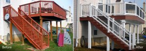 Timbertech PVC Redland Rose deck with white Vinyl columns and railings, under deck ceiling &#8211; Pottstown PA