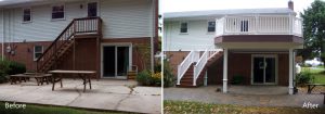 Timbertech PVC Redland Rose deck with White Vinyl railings, posts and beams under deck covered with White Vinyl